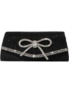 Women's Black Sparkly Bow Rhinestone Clutch Purse Glitter Evening Bag